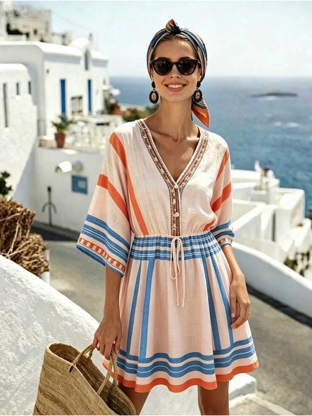 Women's Striped V-Neck Beach Tunic Dress in Peach, Blue & Coral